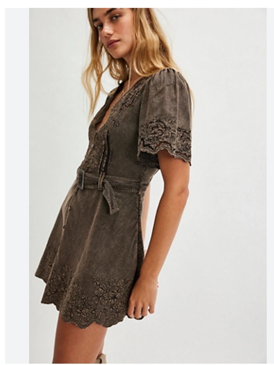 Free People Dresses & Skirts - Free People Florian Mini Dress Brown Lace Trim Size M